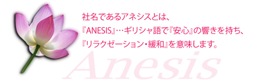 アネシスとは、『ANESIS』…ギリシャ語で『安心』の響きを持ち、『リラクゼーション・緩和』を意味します。